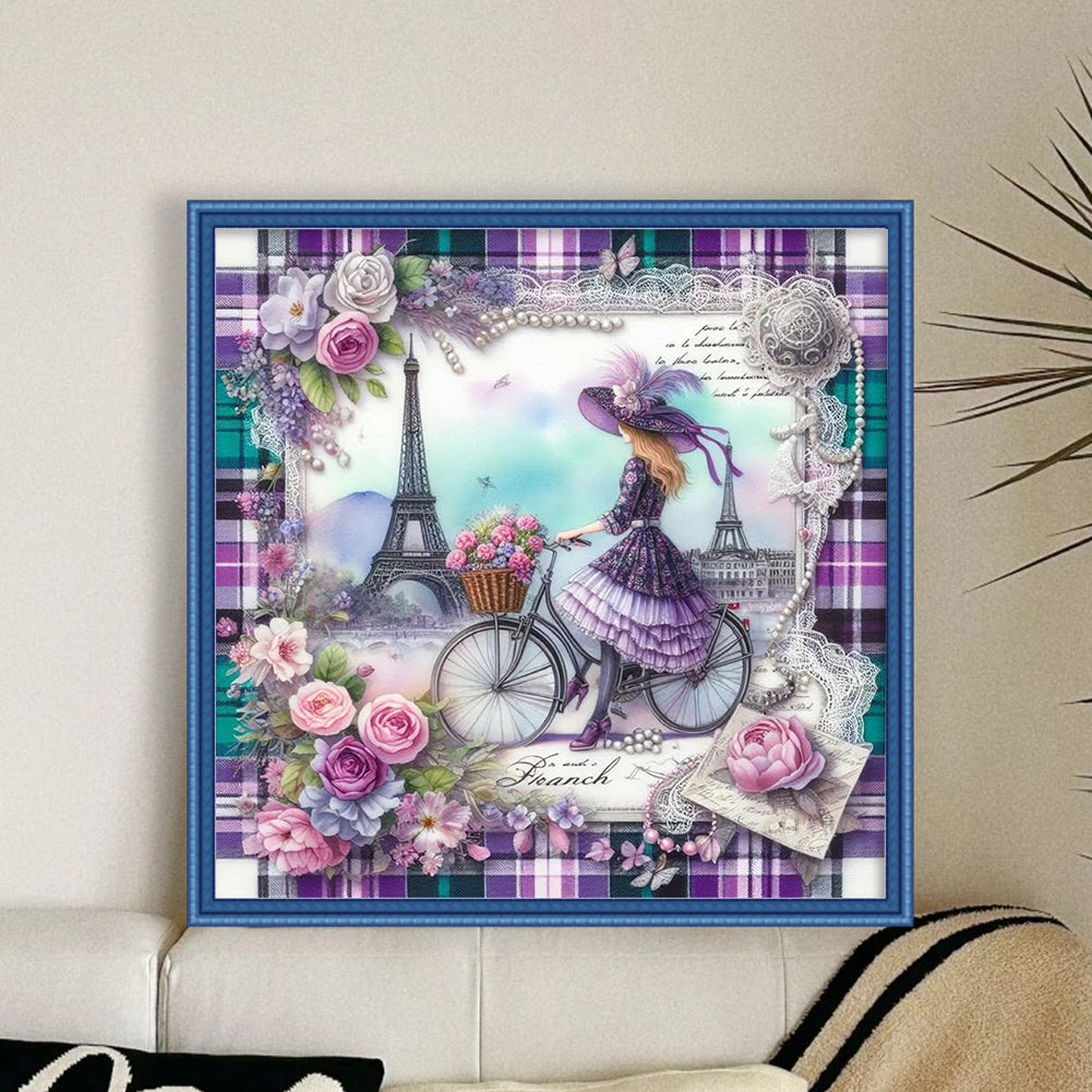 Girl At The Eiffel Tower - 11CT Stamped Cross Stitch 40*40CM