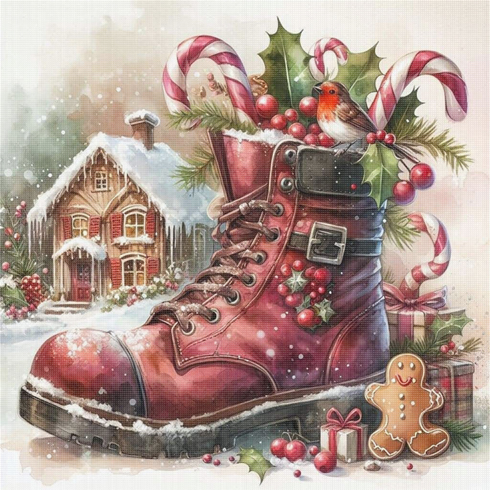 Christmas Boots And Candy House - 11CT Stamped Cross Stitch 50*50CM