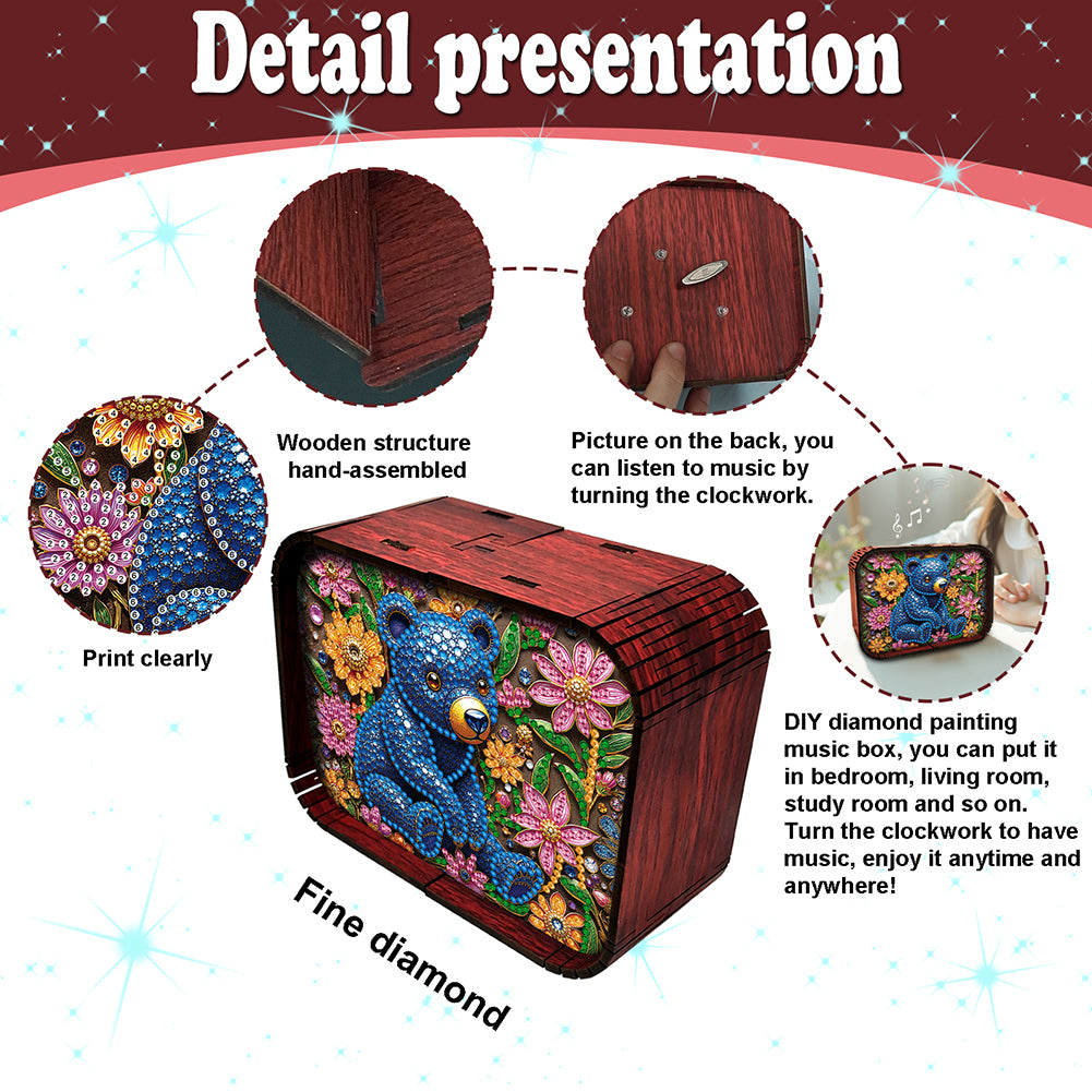 1pc Blue Bear Handmade Wooden Music Box Diamond Painting Art Kit Birthday Gift