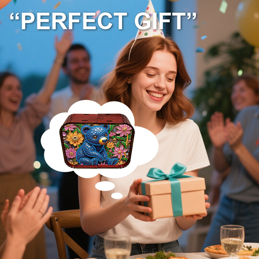 1pc Blue Bear Handmade Wooden Music Box Diamond Painting Art Kit Birthday Gift