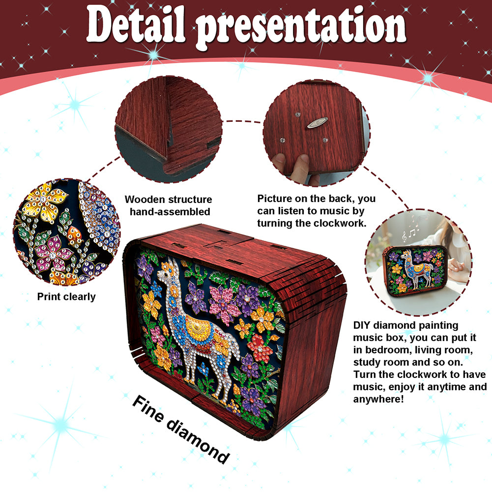 1pc Gem Alpaca Handmade Wooden Music Box Diamond Painting Art Kit Birthday Gift