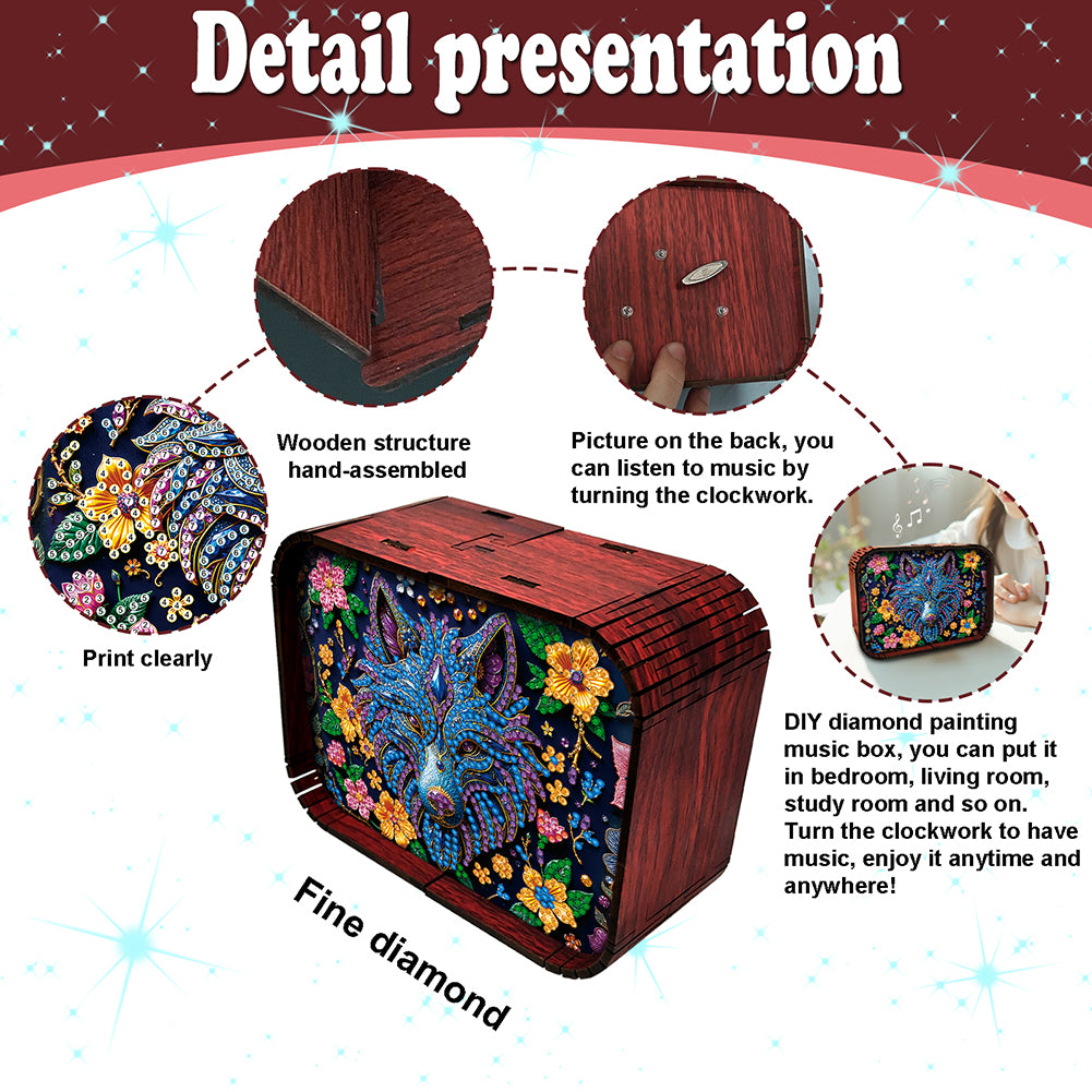 1pc Gem Wolf Handmade Wooden Music Box Diamond Painting Art Kit Birthday Gift
