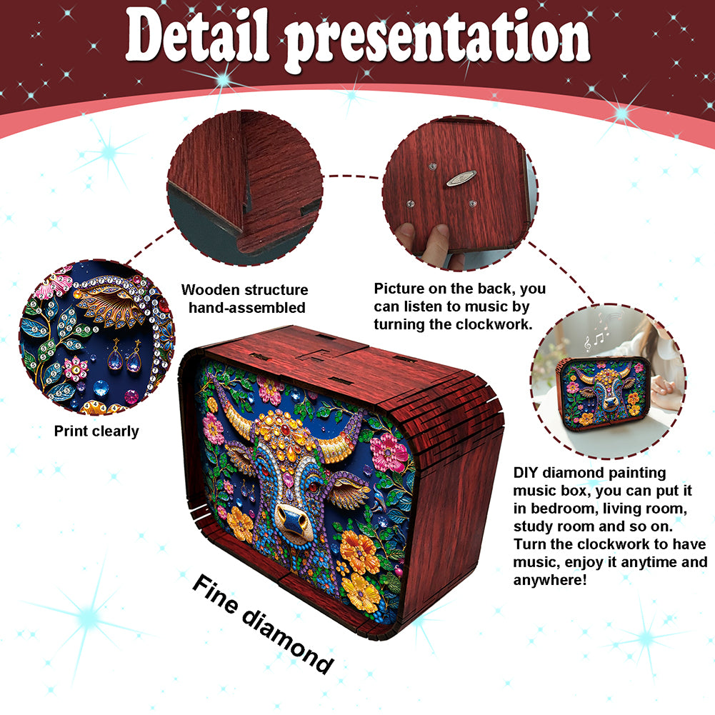 1pc Gem Cow Handmade Wooden Music Box Diamond Painting Art Kit Birthday Gift