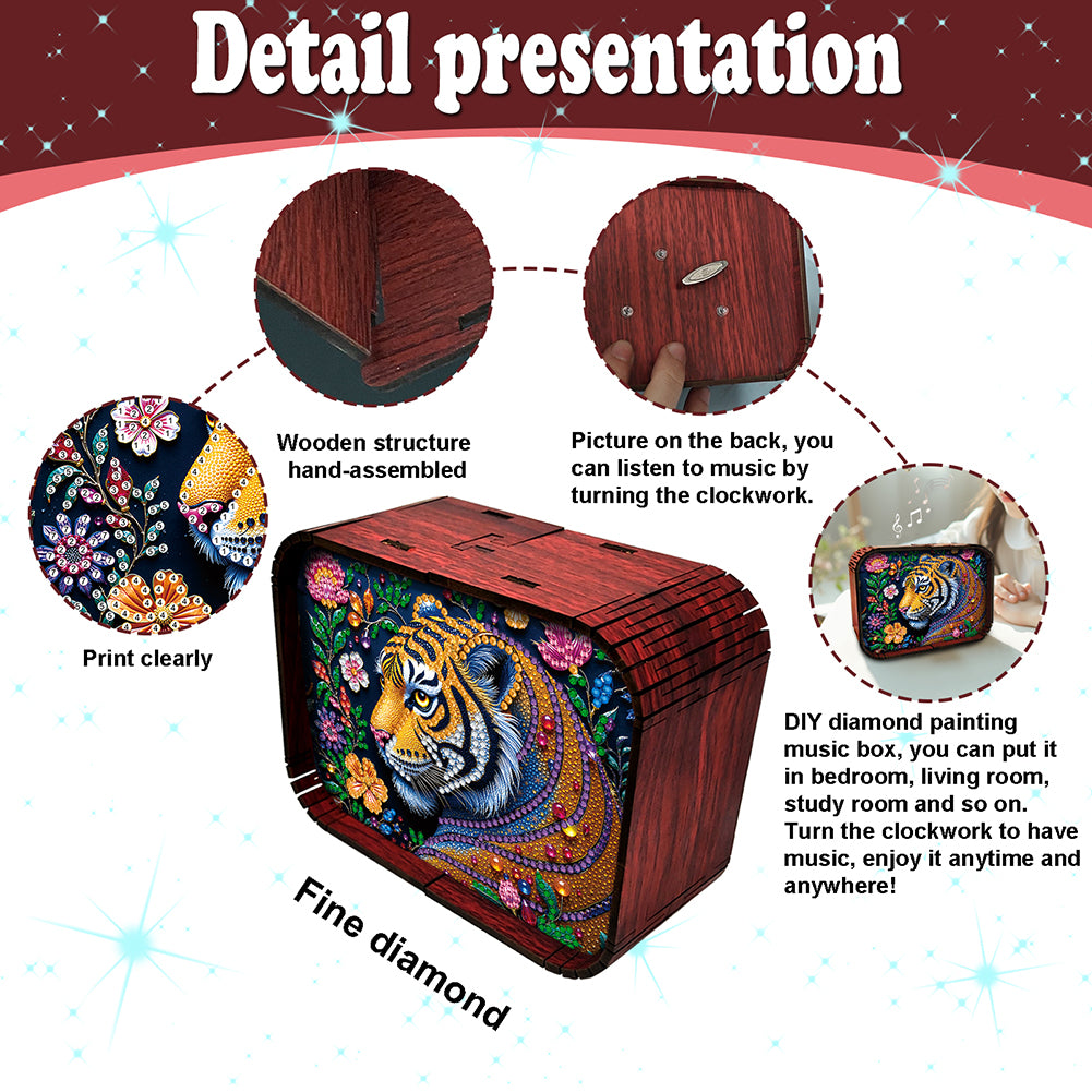 1pc Gem Tiger Handmade Wooden Music Box Diamond Painting Art Kit Birthday Gift
