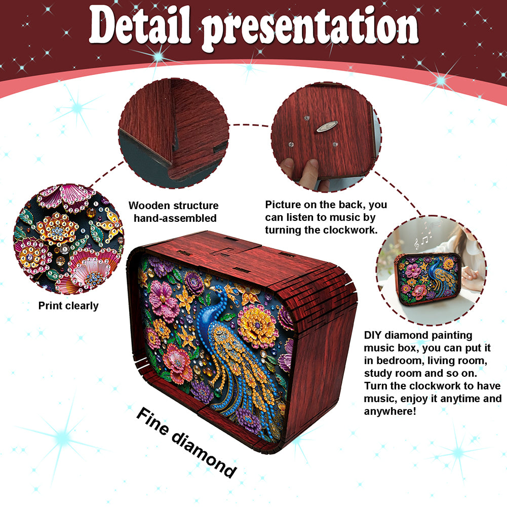 1pc Peacock Handmade Wooden Music Box Diamond Painting Art Kit Birthday Gift