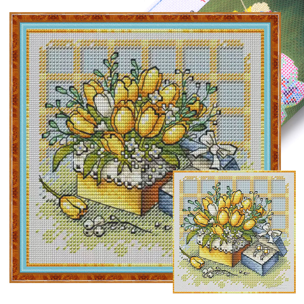 Yellow Tulips And Gift Box - Stamped Cross Stitch 23*23CM£¨Fairy Brand £©