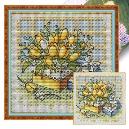 Yellow Tulips And Gift Box - Stamped Cross Stitch 23*23CM£¨Fairy Brand £©
