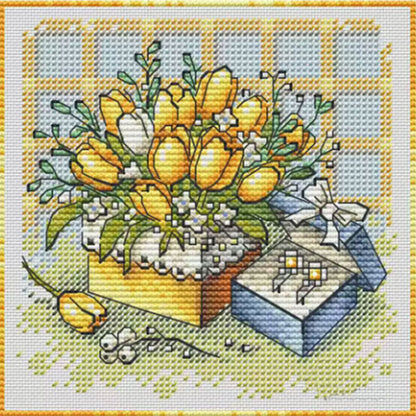 Yellow Tulips And Gift Box - Stamped Cross Stitch 23*23CM£¨Fairy Brand £©