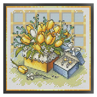 Yellow Tulips And Gift Box - Stamped Cross Stitch 23*23CM£¨Fairy Brand £©