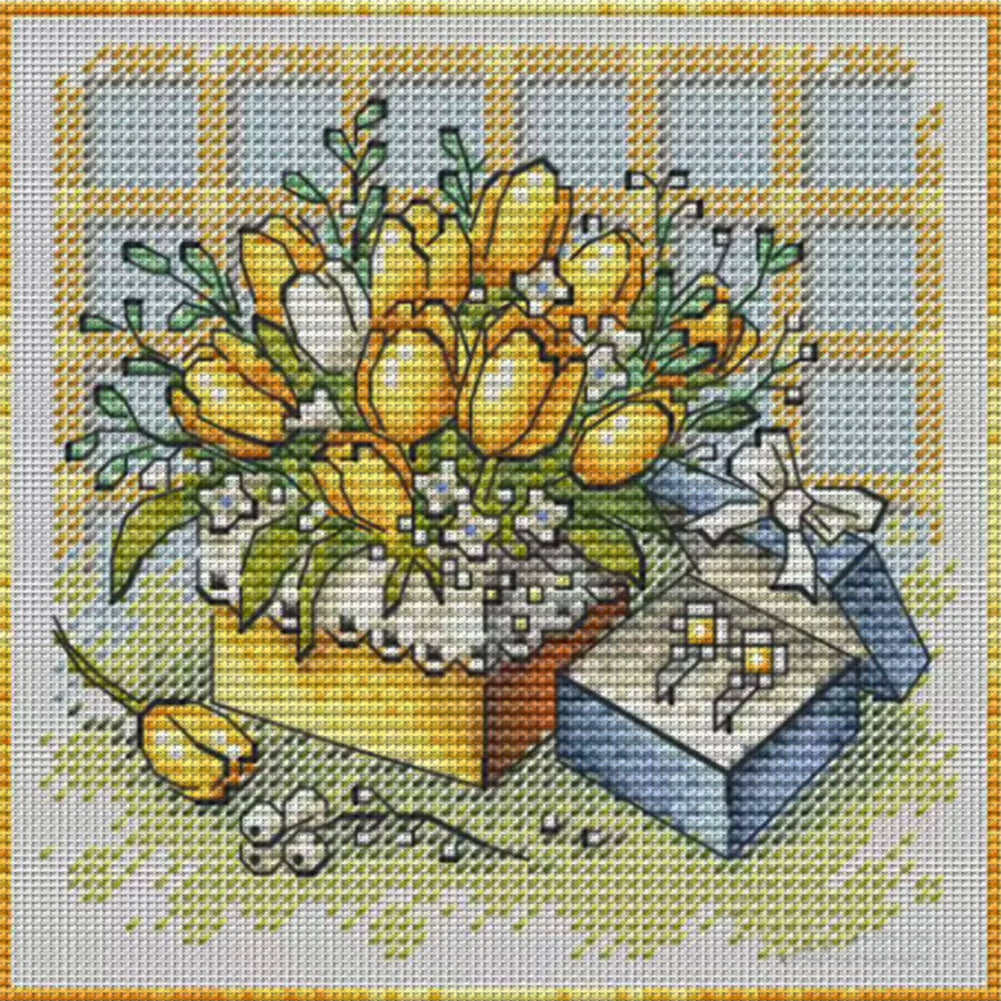 Yellow Tulips And Gift Box - Stamped Cross Stitch 23*23CM£¨Fairy Brand £©