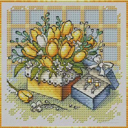 Yellow Tulips And Gift Box - Stamped Cross Stitch 23*23CM£¨Fairy Brand £©