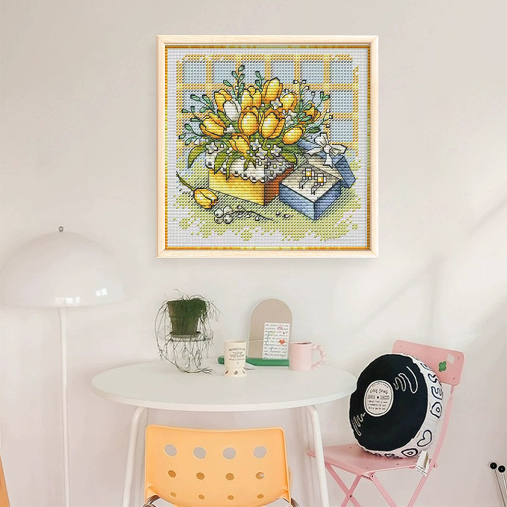 Yellow Tulips And Gift Box - Stamped Cross Stitch 23*23CM£¨Fairy Brand £©