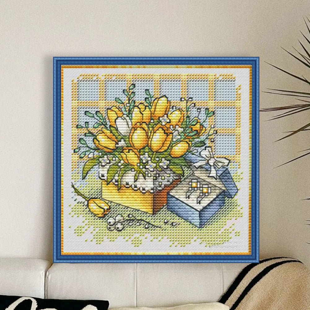 Yellow Tulips And Gift Box - Stamped Cross Stitch 23*23CM£¨Fairy Brand £©