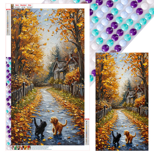 Autumn Path With Cats And Dogs - Full Round Drill Diamond Painting 40*70CM