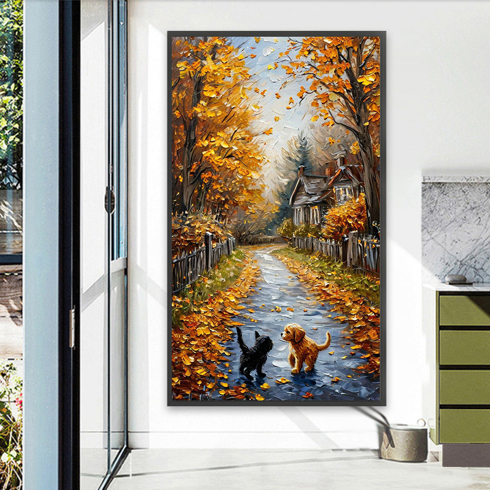 Autumn Path With Cats And Dogs - Full Round Drill Diamond Painting 40*70CM
