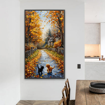 Autumn Path With Cats And Dogs - Full Round Drill Diamond Painting 40*70CM