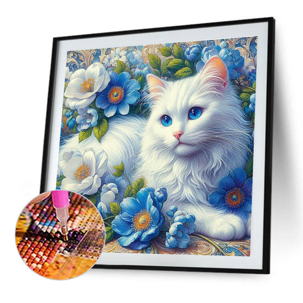 White Cat And Flowers - Full Round Drill Diamond Painting 40*40CM