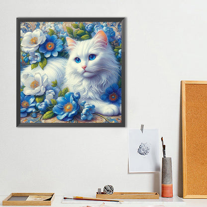 White Cat And Flowers - Full Round Drill Diamond Painting 40*40CM