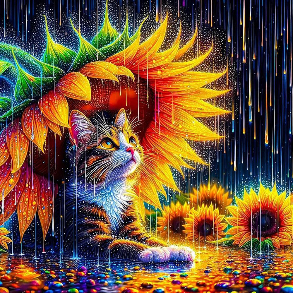 Cat And Sunflower - Full Round Drill Diamond Painting 40*40CM