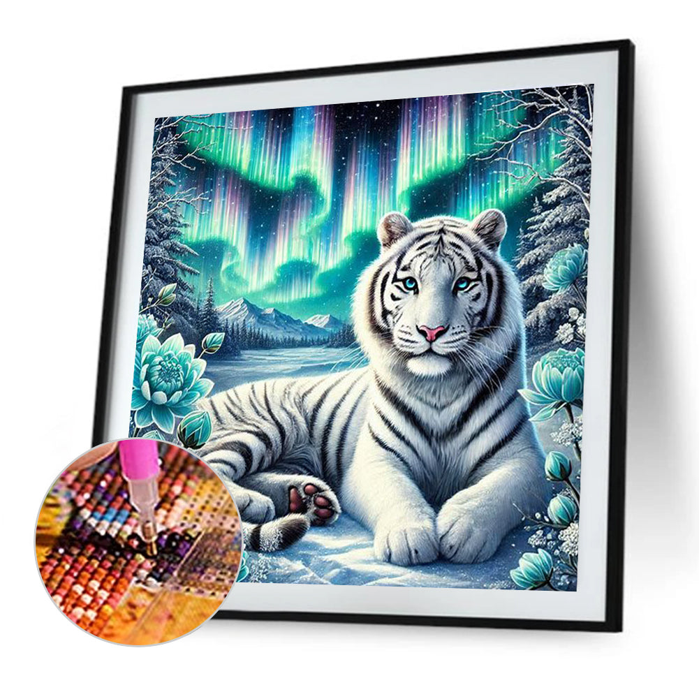 White Tiger And Aurora Borealis - Full Round Drill Diamond Painting 40*40CM