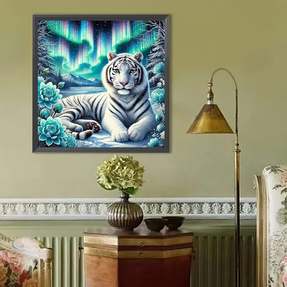 White Tiger And Aurora Borealis - Full Round Drill Diamond Painting 40*40CM