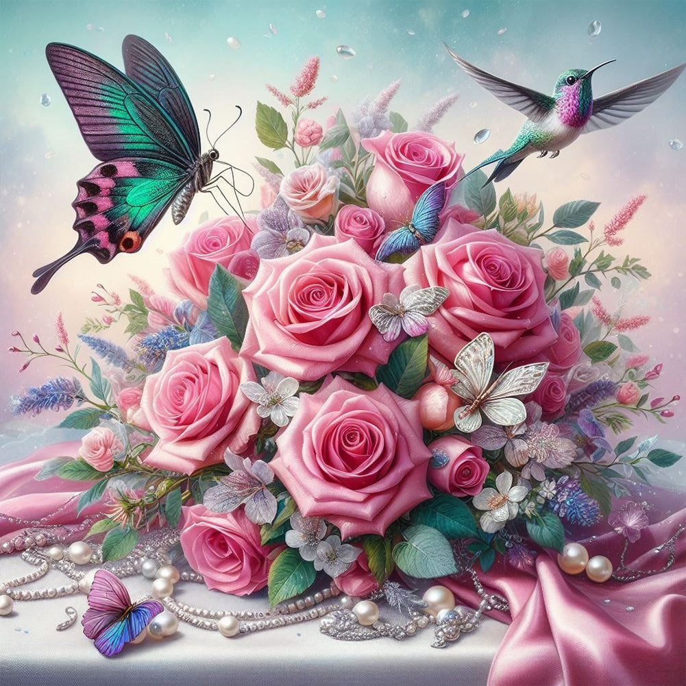 Butterfly And Flowers - Full Round Drill Diamond Painting 40*40CM