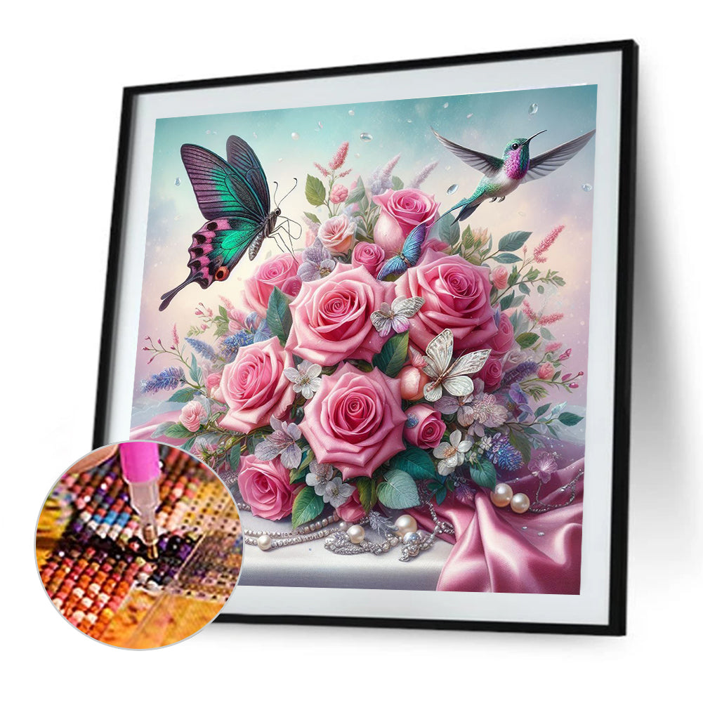 Butterfly And Flowers - Full Round Drill Diamond Painting 40*40CM