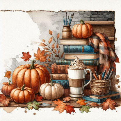 Autumn Maple Leaf Book And Hot Cocoa - Full Square Drill Diamond Painting 30*30CM