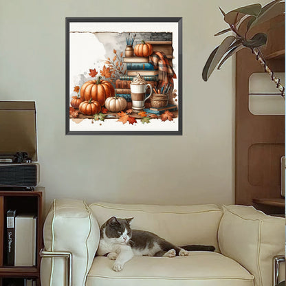 Autumn Maple Leaf Book With Hot Cocoa - Full Square Drill Diamond Painting 30*30CM