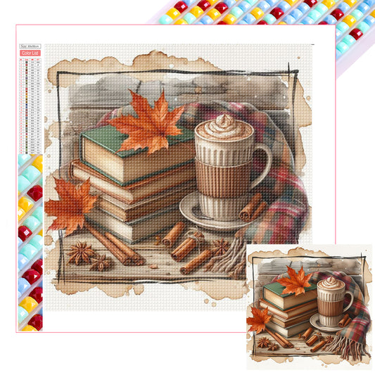 Autumn Maple Leaf Book And Hot Cocoa - Full Square Drill Diamond Painting 30*30CM