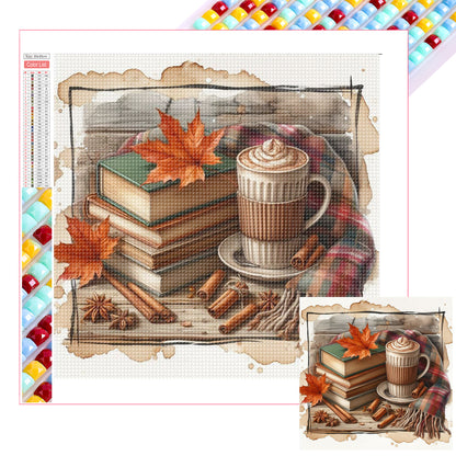 Autumn Maple Leaf Book With Hot Cocoa - Full Square Drill Diamond Painting 30*30CM