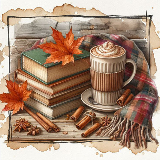 Autumn Maple Leaf Book And Hot Cocoa - Full Square Drill Diamond Painting 30*30CM