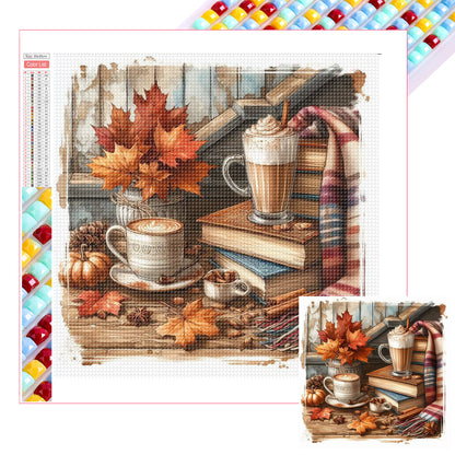 Autumn Maple Leaf Book And Hot Cocoa - Full Square Drill Diamond Painting 30*30CM