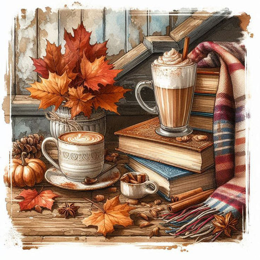 Autumn Maple Leaf Book With Hot Cocoa - Full Square Drill Diamond Painting 30*30CM