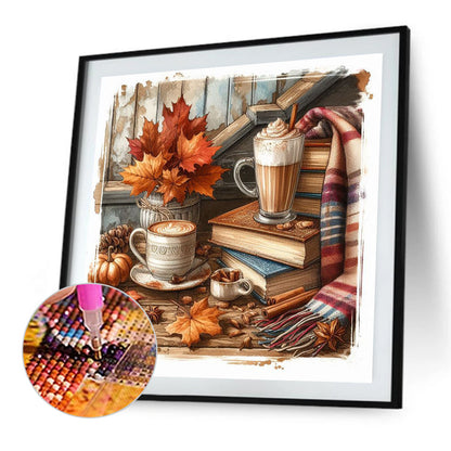 Autumn Maple Leaf Book And Hot Cocoa - Full Square Drill Diamond Painting 30*30CM
