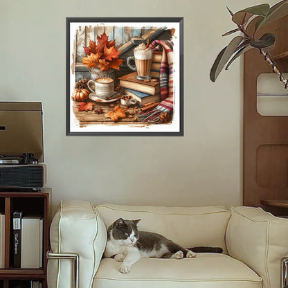 Autumn Maple Leaf Book With Hot Cocoa - Full Square Drill Diamond Painting 30*30CM