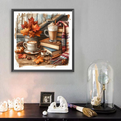 Autumn Maple Leaf Book With Hot Cocoa - Full Square Drill Diamond Painting 30*30CM