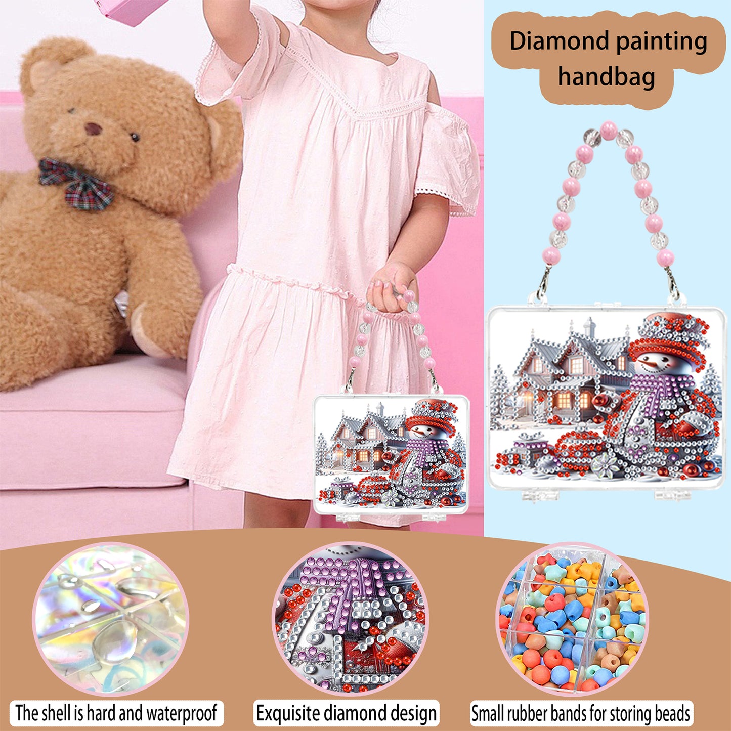 DIY Diamond Painting Bead Storage Handbag Rhinestones Jewelry Case (Snowman)