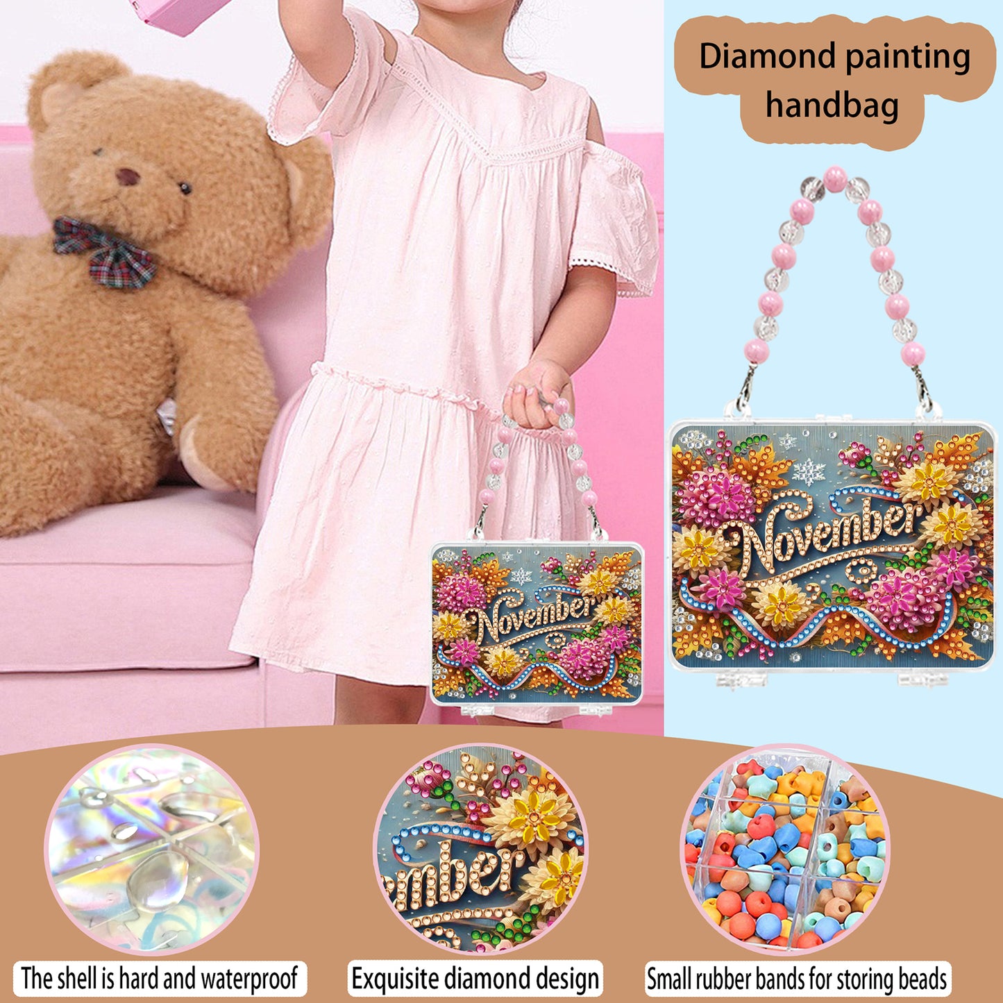 DIY Diamond Painting Bead Storage Handbag Rhinestones Jewelry Case (Flowers)