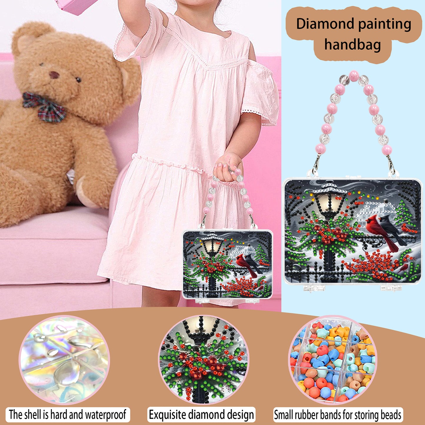 DIY Diamond Painting Bead Storage Handbag Rhinestones Jewelry Case (Cardinal)