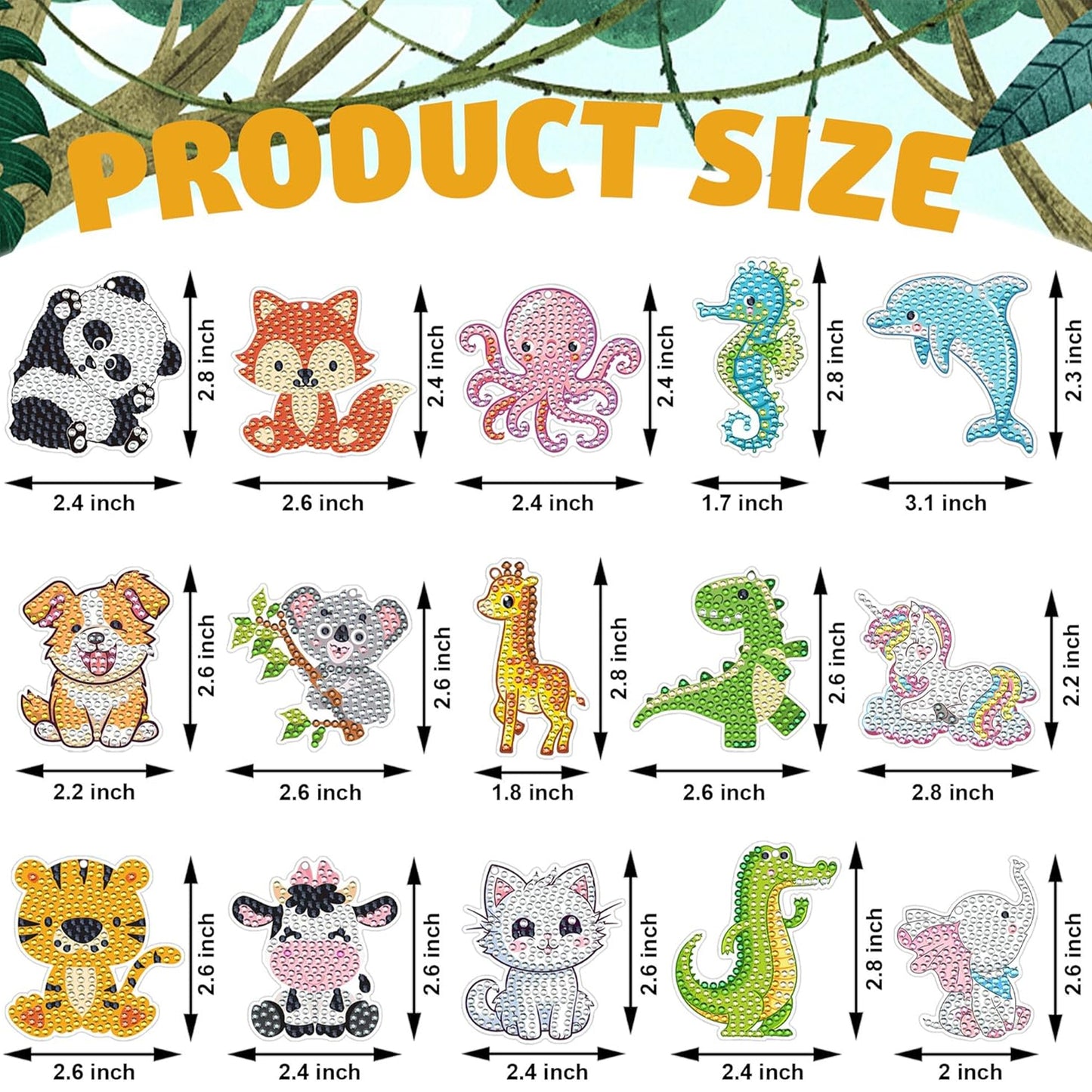 15pcs 2D Flat DIY Diamond Painting Keychain Double Sided Drill Keyrings (Animal)