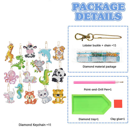 15pcs 2D Flat DIY Diamond Painting Keychain Double Sided Drill Keyrings (Animal)