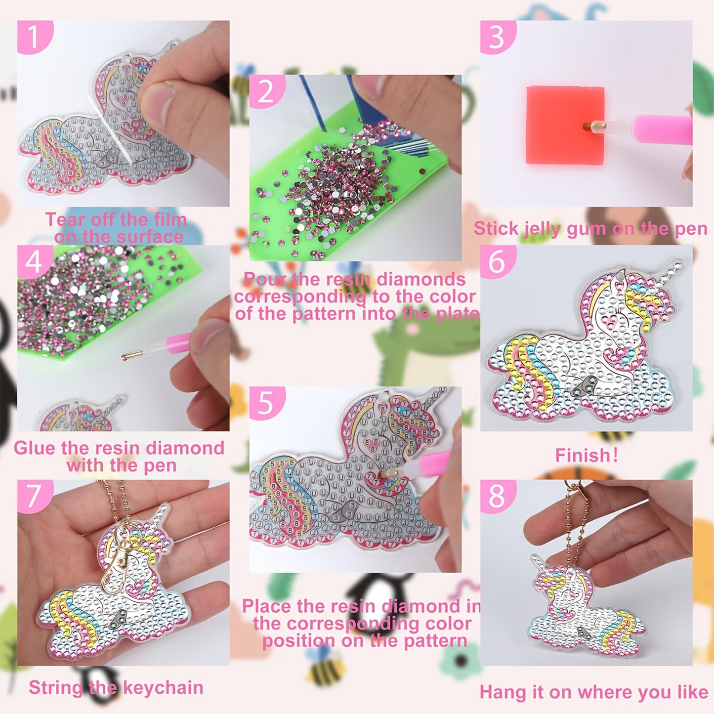 15pcs 2D Flat DIY Diamond Painting Keychain Double Sided Drill Keyrings (Animal)