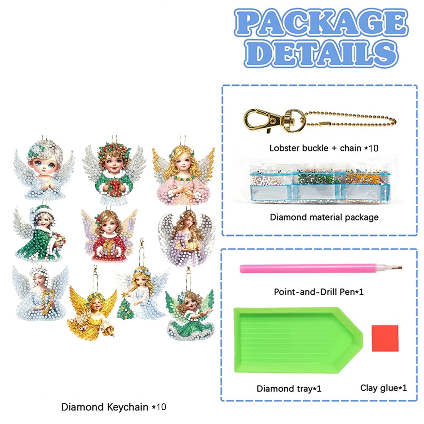 10pcs 2D Flat DIY Diamond Painting Keychain Double Sided Drill Keyrings (Angels)