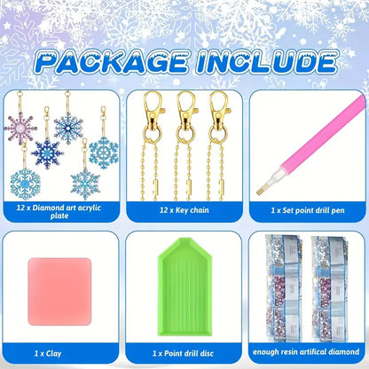 12pcs 2D Flat DIY Diamond Painting Keychain Double Sided Keyrings (Snowflakes)