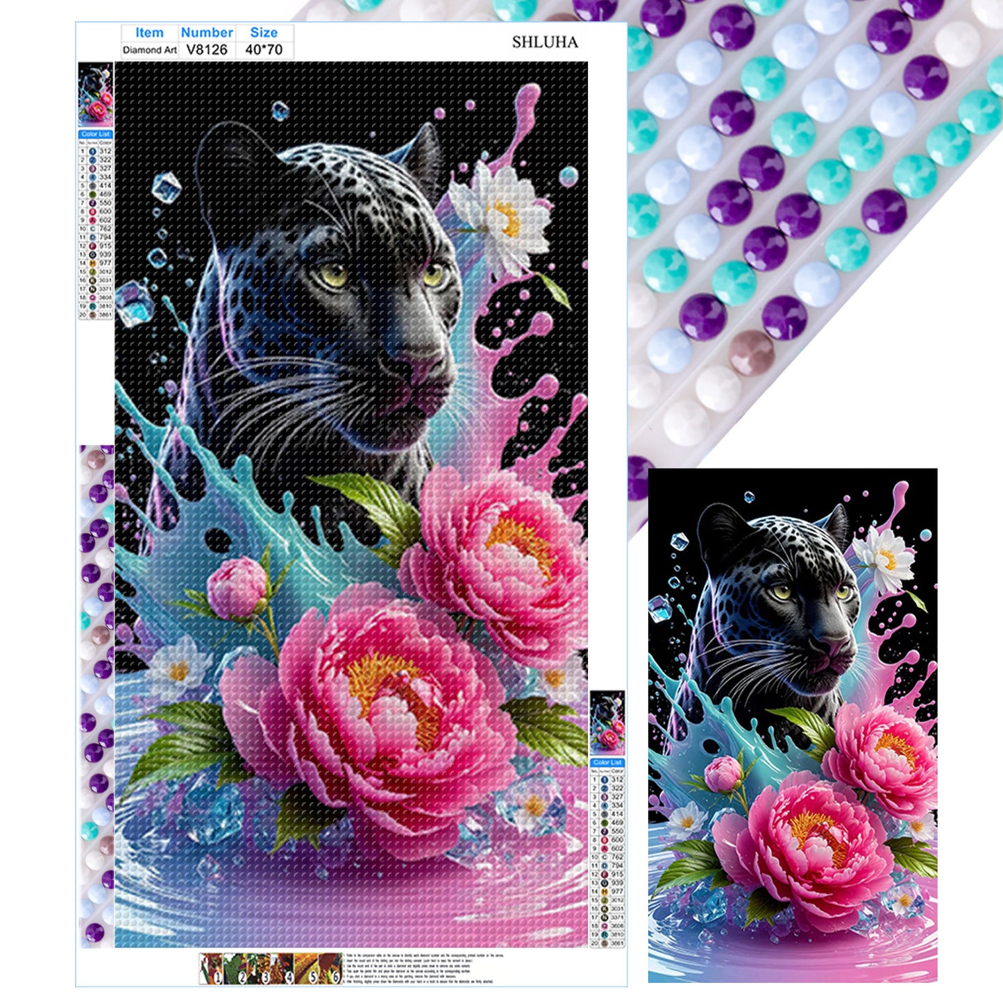 Black Panther And Flowers - Full Round Drill Diamond Painting 40*70CM