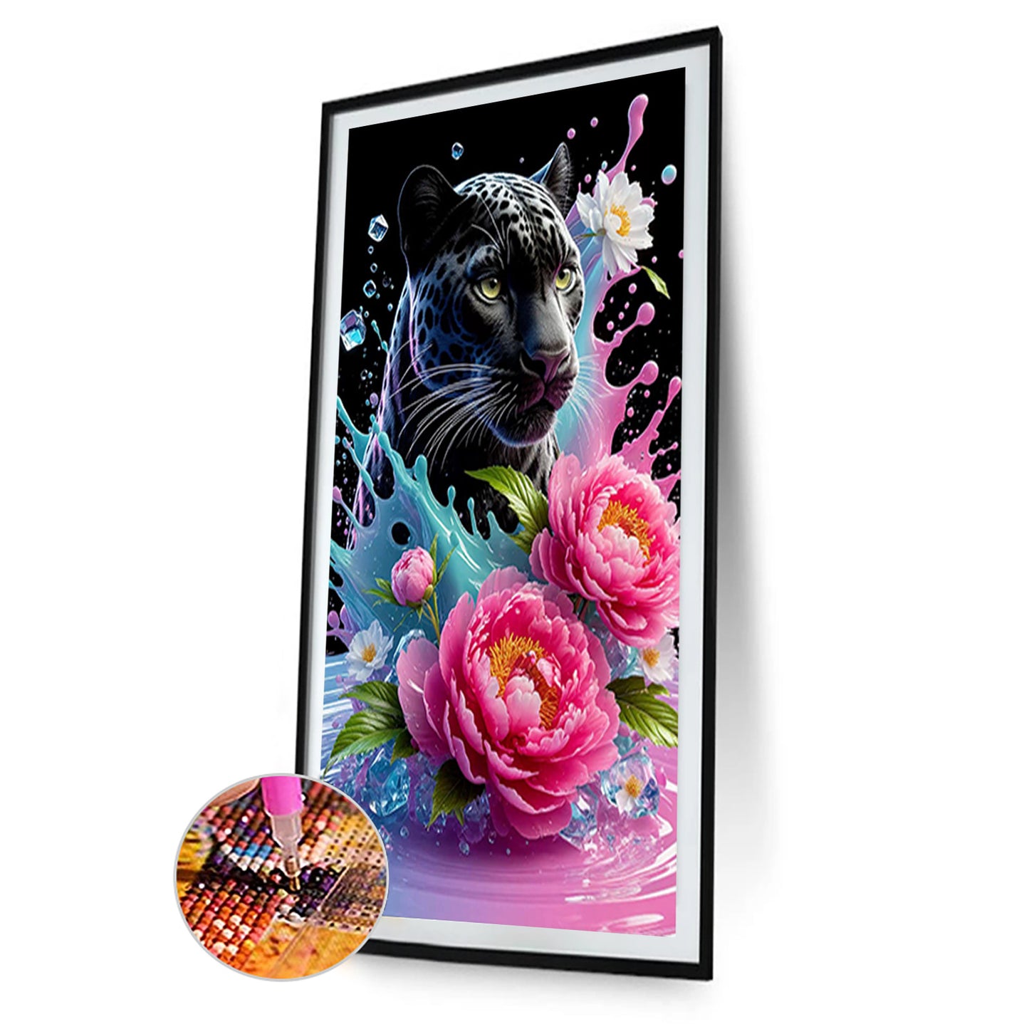 Black Panther And Flowers - Full Round Drill Diamond Painting 40*70CM