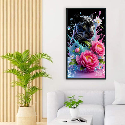 Black Panther And Flowers - Full Round Drill Diamond Painting 40*70CM