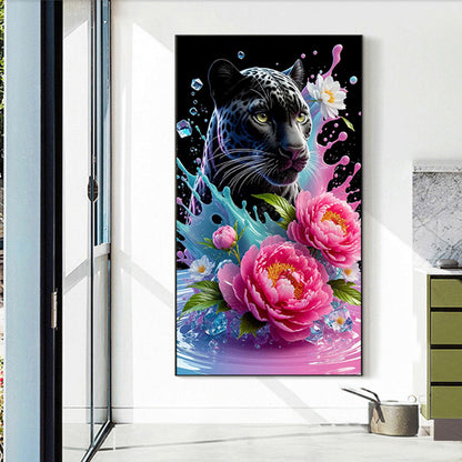 Black Panther And Flowers - Full Round Drill Diamond Painting 40*70CM