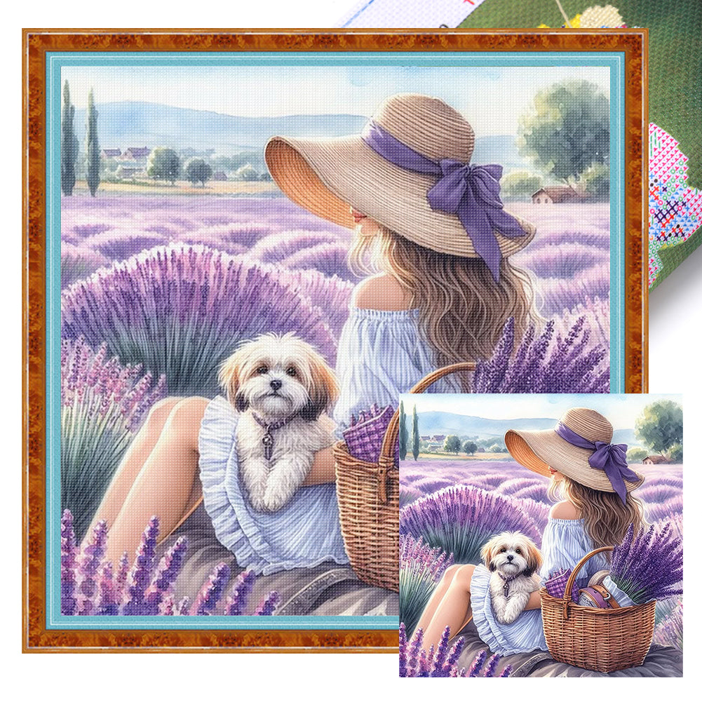 Girl And Puppy In The Flower Field - 11CT Stamped Cross Stitch 40*40CM